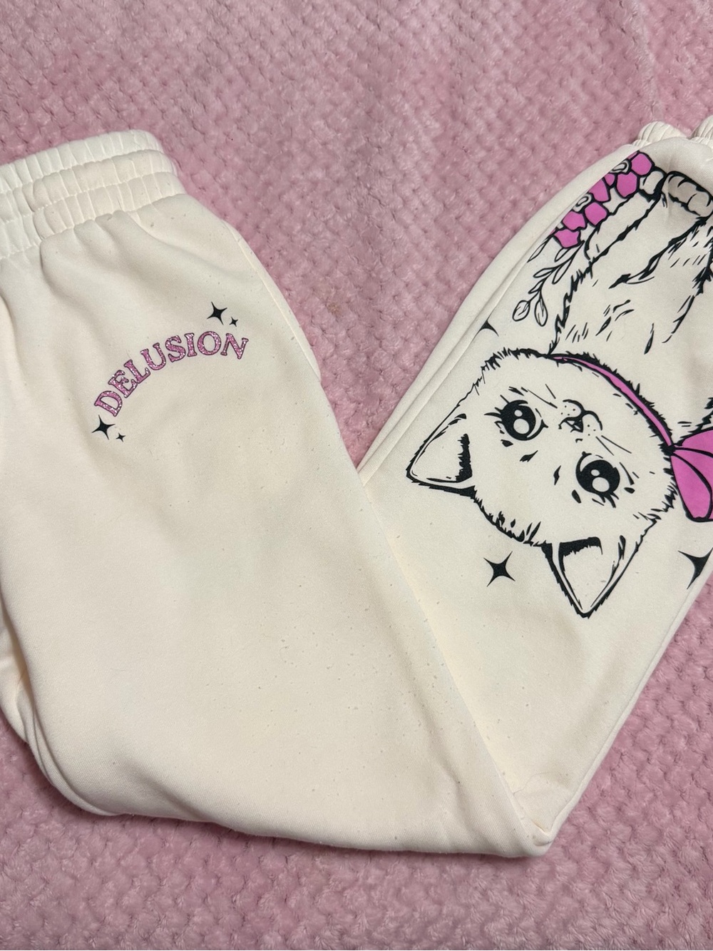 White Graphic Kitten Sweatpants with Pink Accents